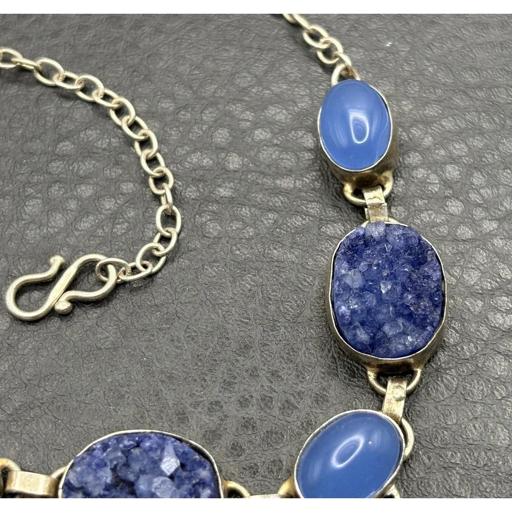 Ethnic Boho Style Silver Tone Faux Chalcedony Statement Necklace Pendant Drop